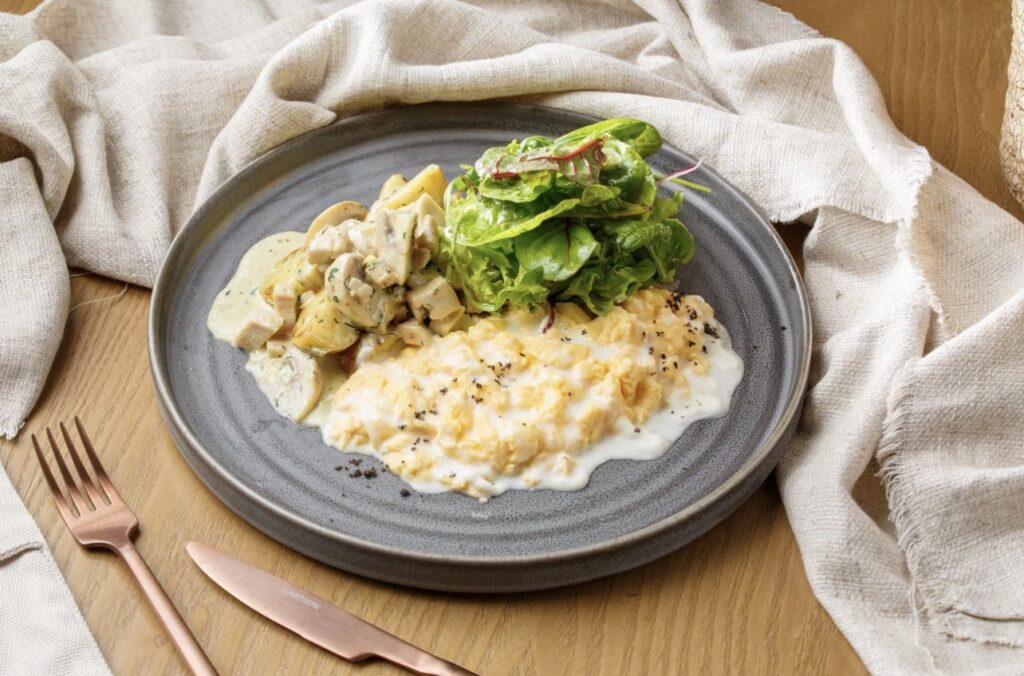 Завтрак Домашний: с курицей, грибами, картофелем и скремблом